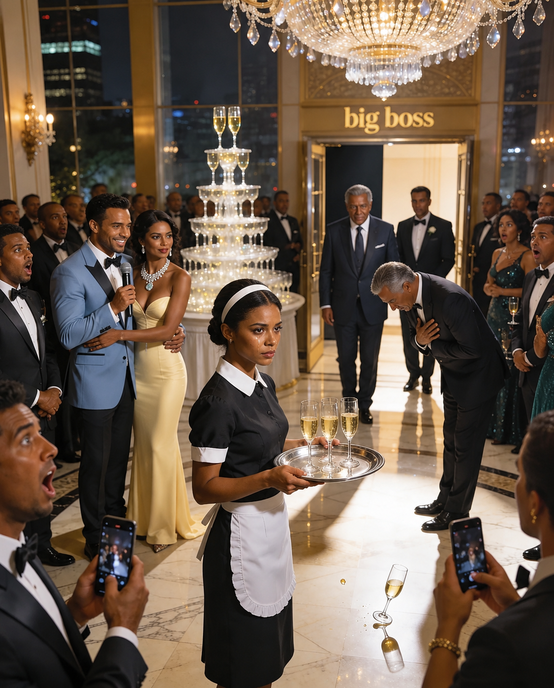 My husband forced me to wear a maid’s uniform to his promotion party, then made me stand behind a tray of champagne while he paraded his mistress like a trophy. He mocked me in front of the entire ballroom—until the “big boss” walked in, bowed, called me Madam Chairwoman, and my husband went completely still.