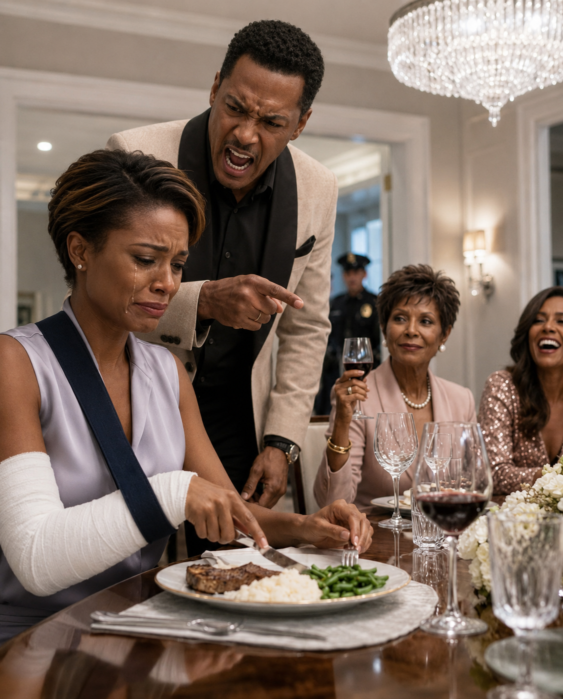 At dinner, I sat with my arm in a cast while my mother-in-law toasted, “My son finally taught you a lesson.” My sister-in-law laughed. “She thought she ran this house.” I only smiled. Thirty minutes later, the doorbell rang and my husband learned who truly owned everything.