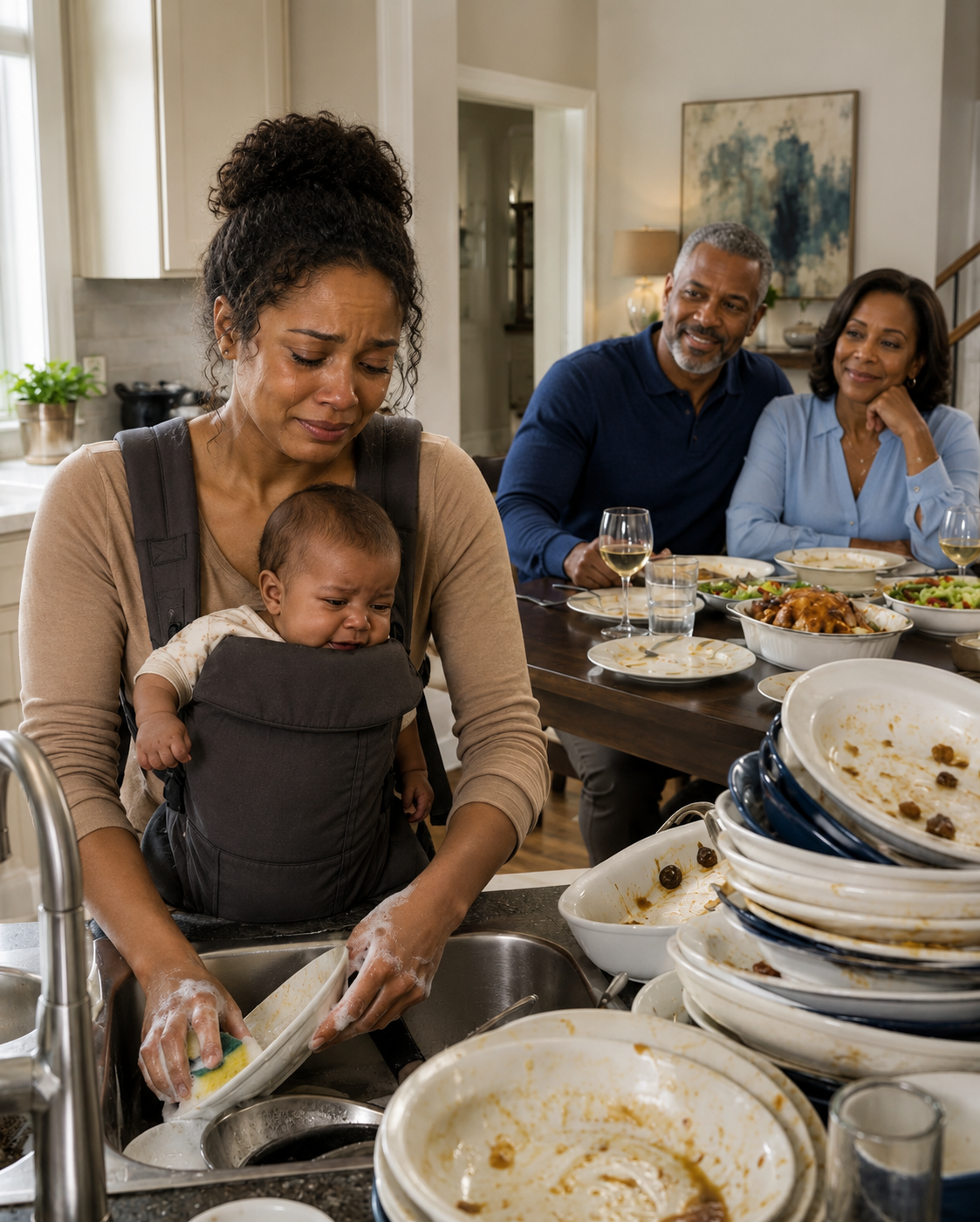 When I arrived at my daughter’s house, she was holding her crying baby with one arm while washing a mountain of dishes with the other.