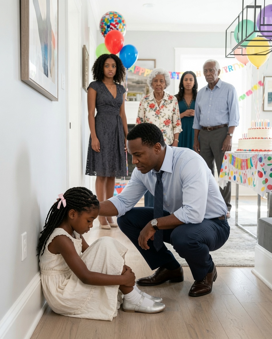 My 5-year-old daughter hid from her aunt during a family party and whispered to me, “Dad… do I have to apologize?” Minutes later, a simple test shattered the lie my parents were trying to hide.