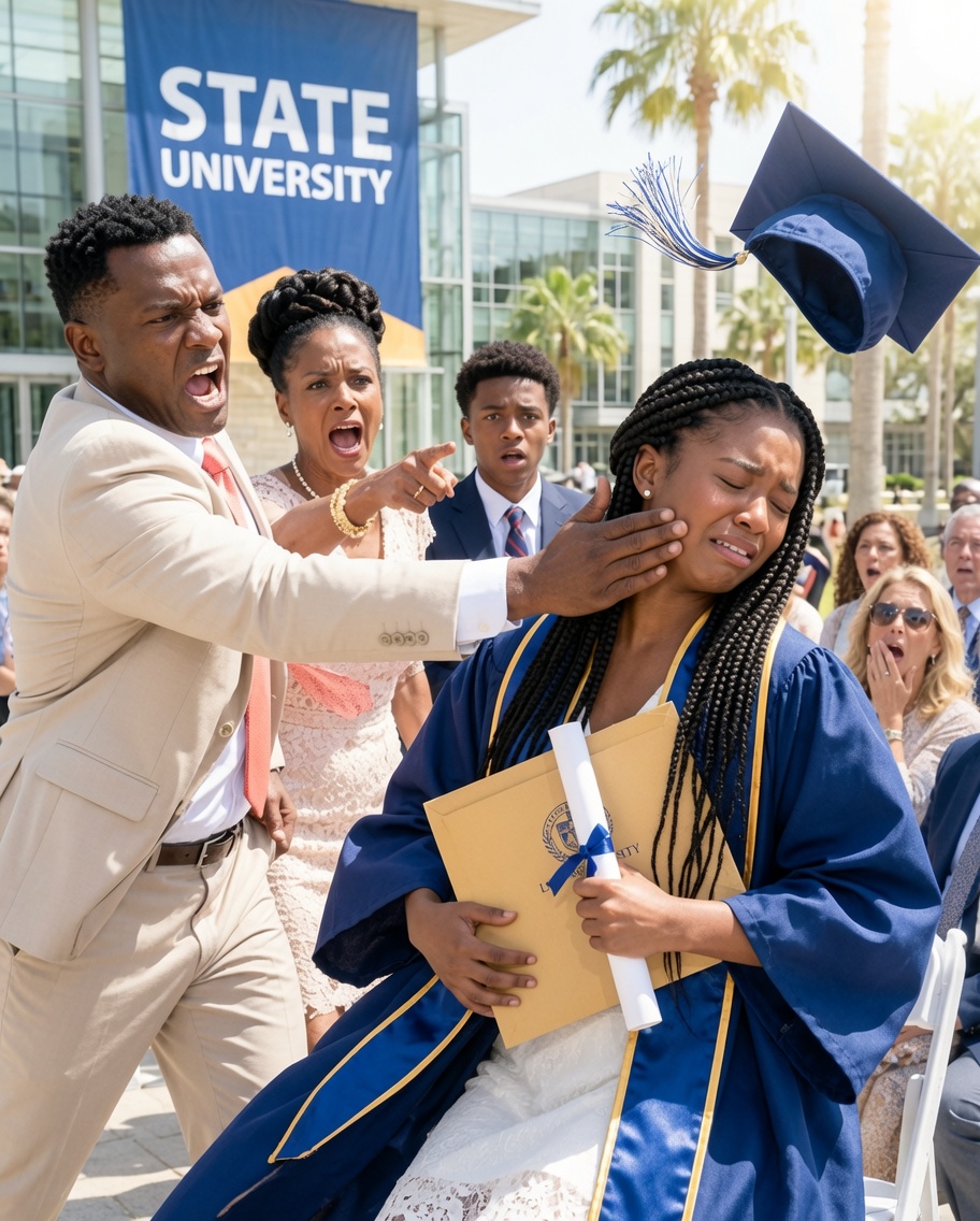 At my graduation, my dad sl@pped me so hard that my cap fell on the floor. My mom yelled, “You’re just a loser with a toga!”. Everyone expected me to c0llapse, but I picked up my diploma, asked for the microphone, and revealed the truth my family had hidden for 4 years.