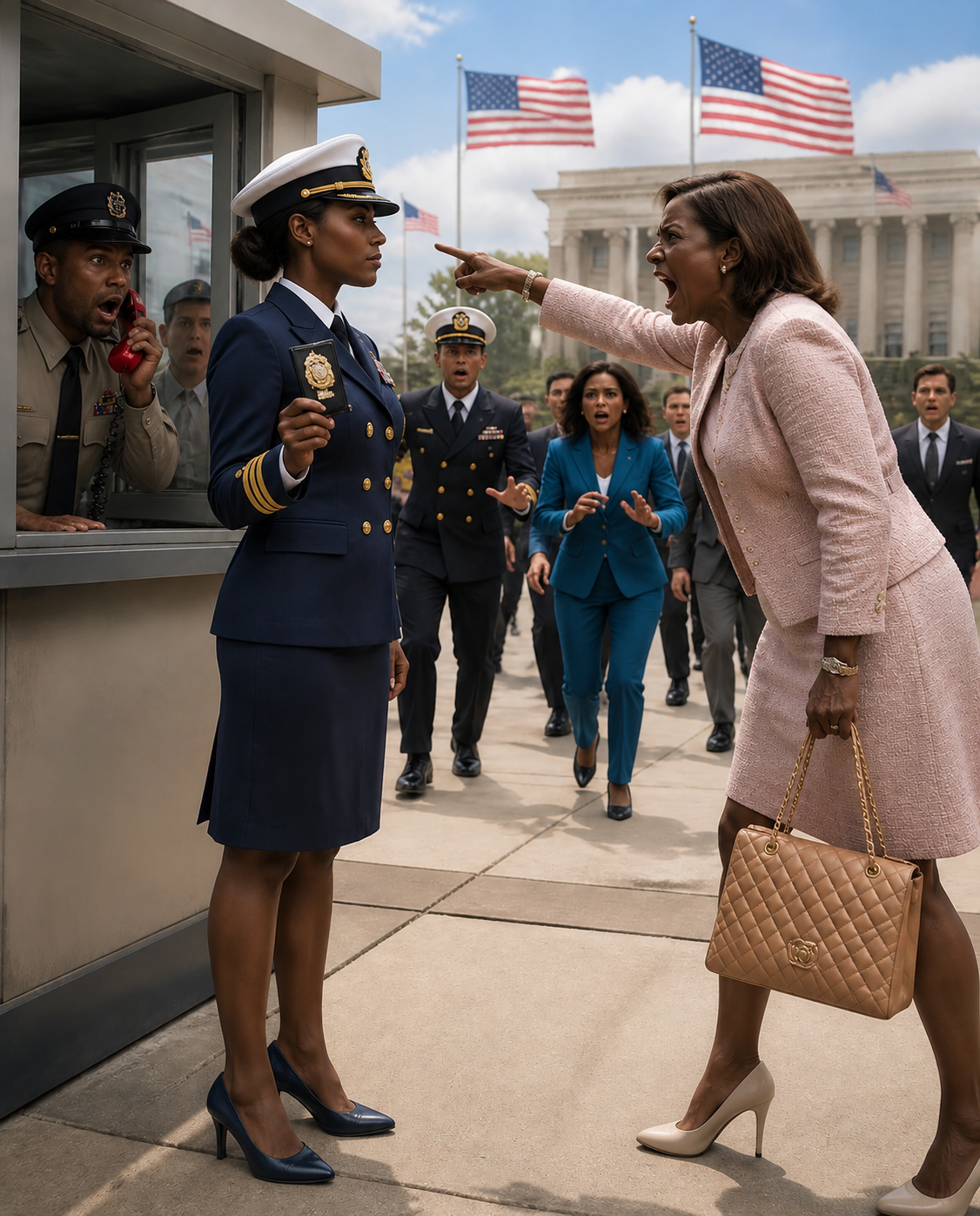 My mother laughed and told the base guard, “My daughter? No, she’s just my plus-one. Twenty years in uniform and she’s still just a desk clerk.” The guard looked at my security badge, read it twice, and went completely white. Ignoring her, he grabbed the emergency red phone and shouted: “Get the commander down here right now. We have an Admiral at the gate!”