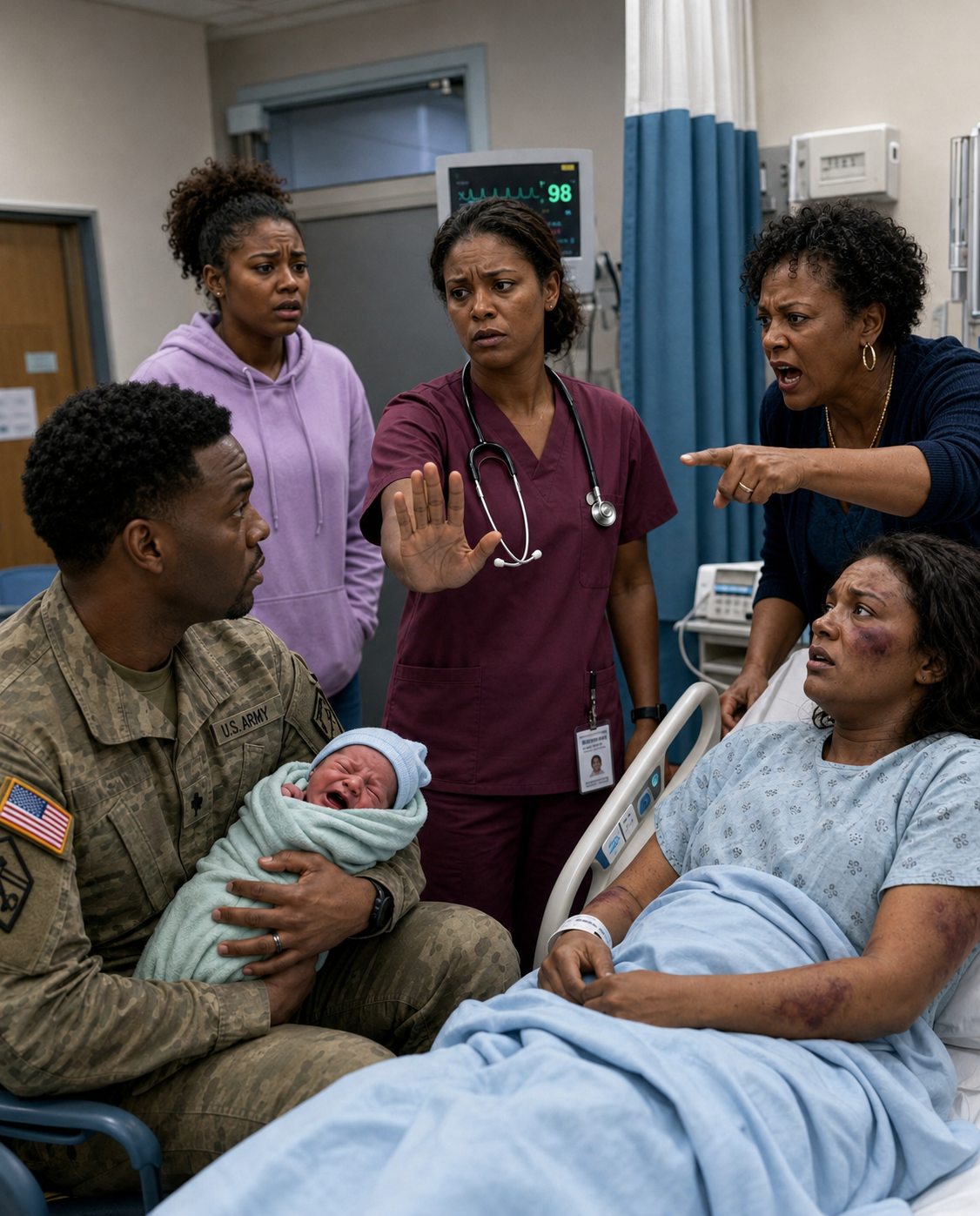 Returning home from an eight-month military medical deployment, I was horrified to find my newborn son burning with a critical fever, while my wife lay collapsed on the nursery floor, covered in bruises. ‘She needed to be disciplined,’ my mother sneered, as my sister mockingly chimed in that the sick baby was ‘her problem.’ But their arrogant, triumphant smirks vanished instantly when the military police and my attorney marched straight through the door right behind me.