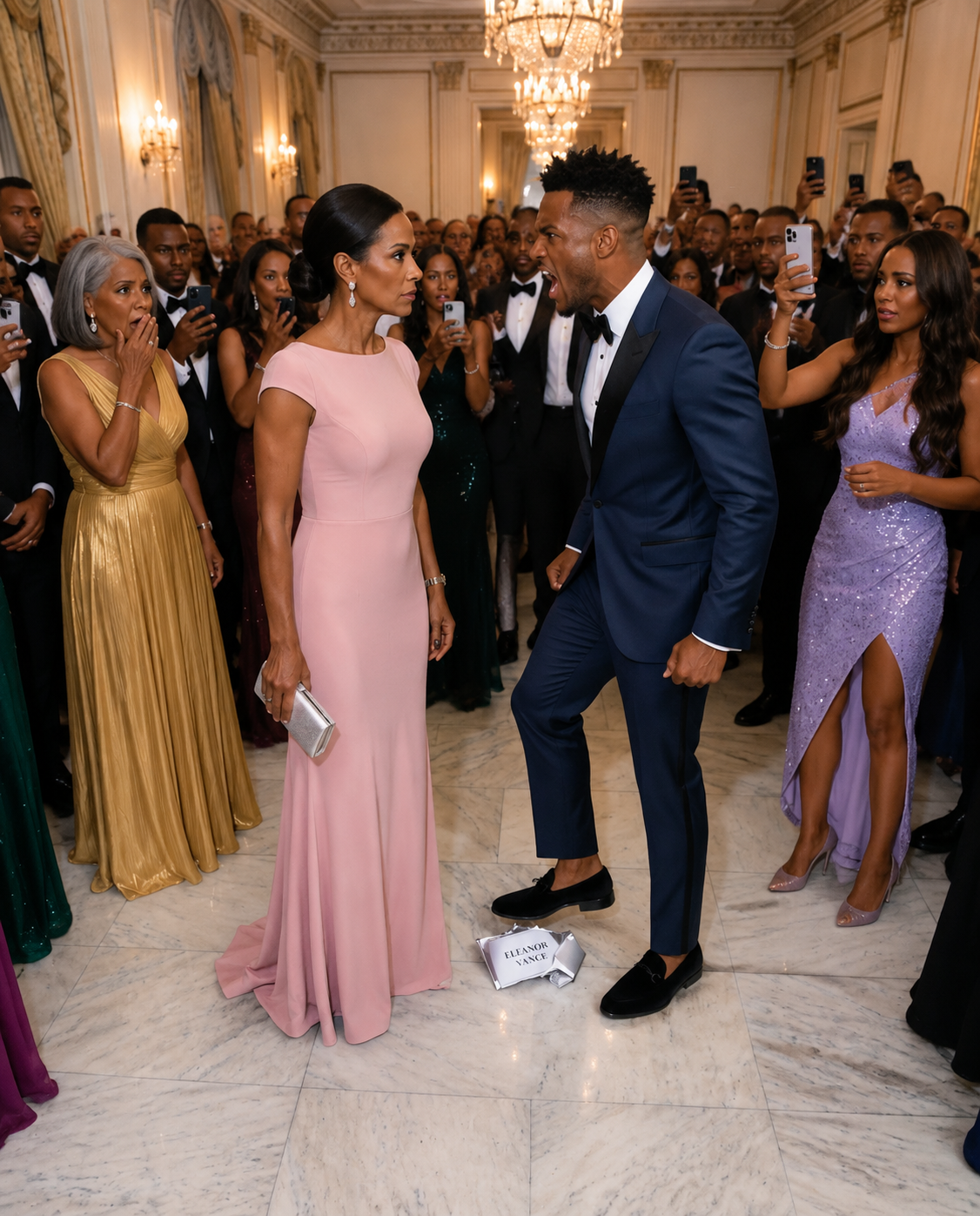 At a crowded gala, the CEO’s son hum:iliated me in front of everyone, throwing my silver name card to the floor and stepping on it so his girlfriend could take my VIP seat. I stayed silent for one painful moment, then told him his mistake had just cost his mother $1.3 billion.
