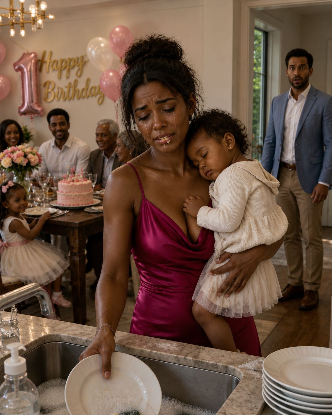 I came home early on my son’s first birthday expecting a celebration, only to find my mother hosting a seafood feast for nearly twenty relatives while my exhausted wife scrubbed dishes with our feverish baby in her arms. “I run this family,” my mother declared. I quietly set the birthday cake on the floor, unlocked a hidden folder on my phone, and within minutes the birthday party became the scene of a police investigation.