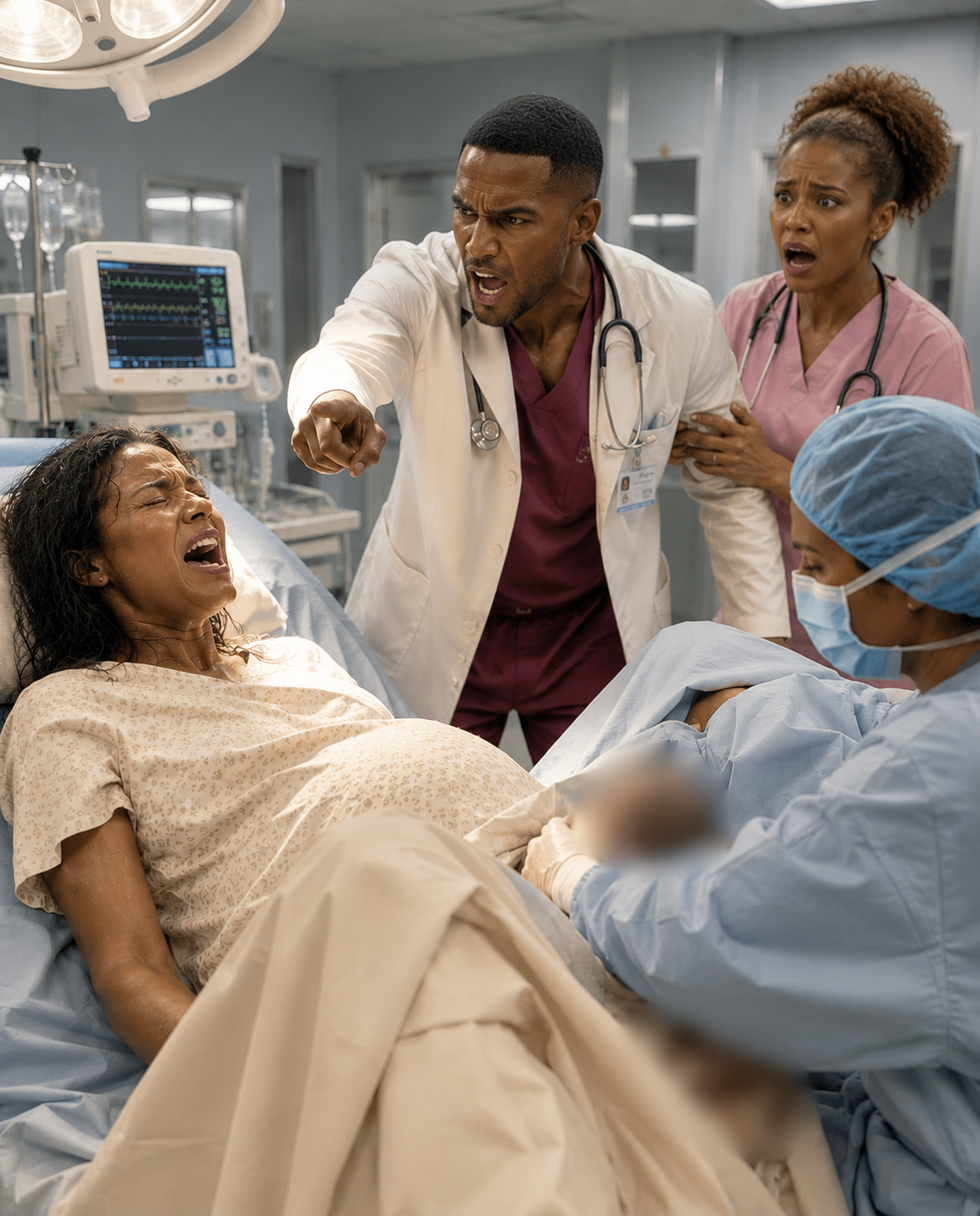 I was in labor with a 10-pound baby, but my cruel doctor husband refused a c-section and forced me to deliver naturally, believing I had mistreated his female intern. When it was over, he entered the delivery room, panicked, and collapsed…