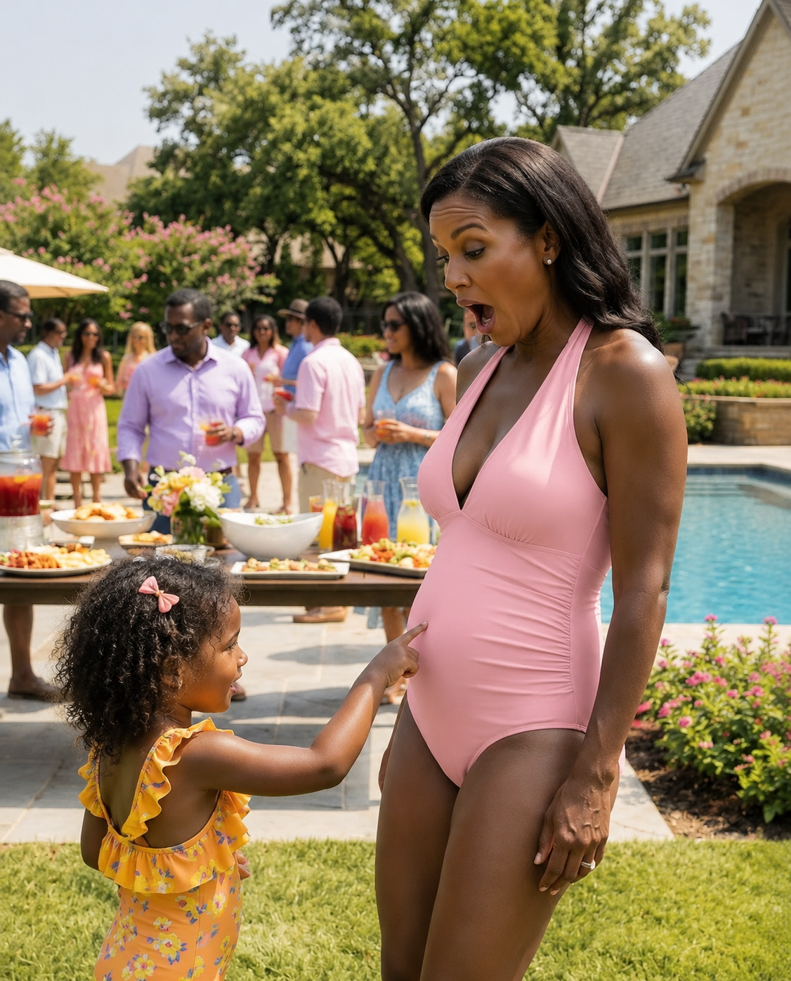 At my daughter’s third birthday pool party, she pointed at my stepmom’s stomach and said, “Daddy’s in there” — I laughed until I saw WHAT she was actually pointing at.
