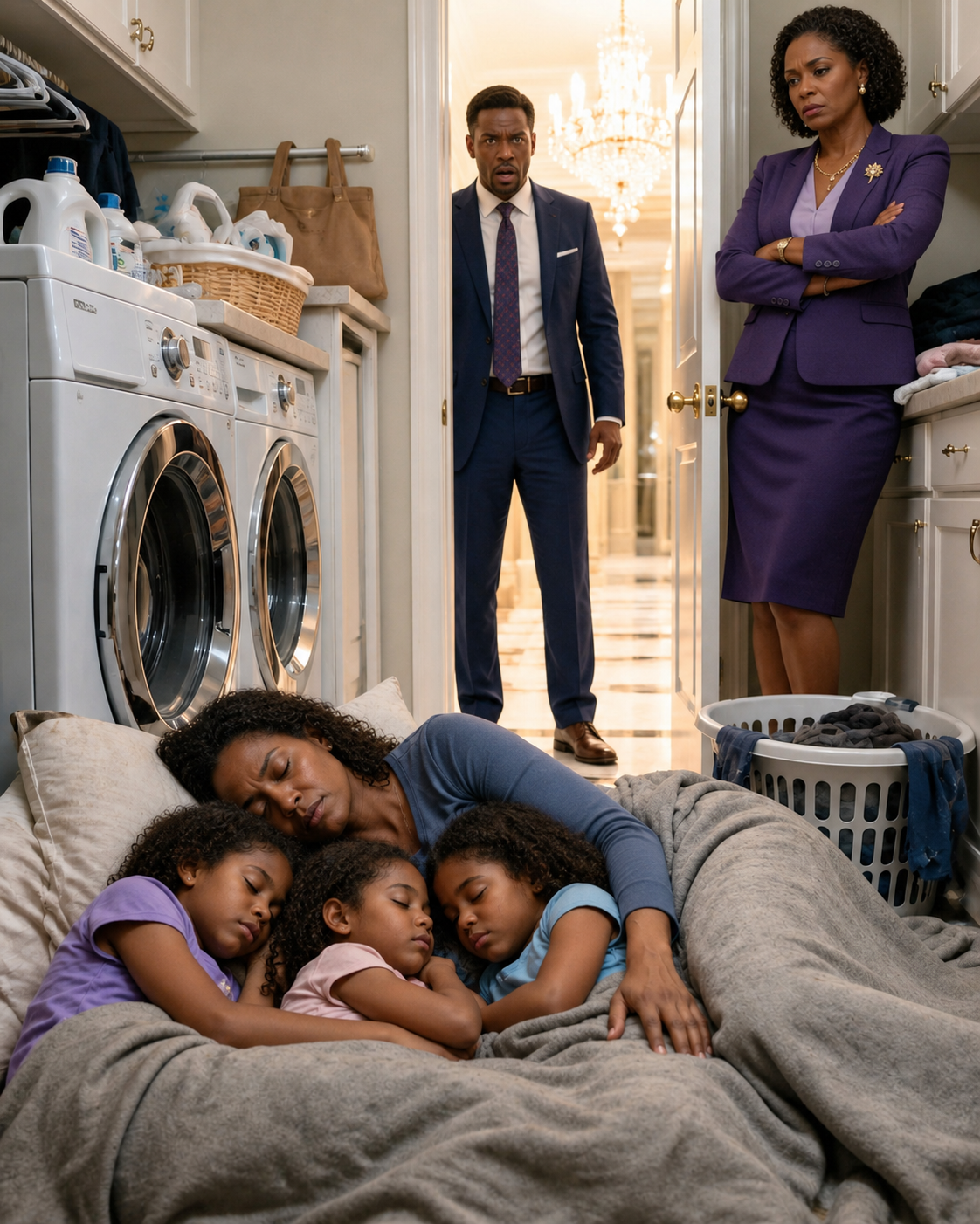My mother-in-law forced me to sleep with my 3 daughters next to the laundry and shouted: “Without a son, you’re worth nothing.” he Morning After She Sl@pped Me in Front of 40 Charity Donors, One Billionaire Took Off His Jacket, Covered My Girls, and Said, “They’re Coming Home With Me.”