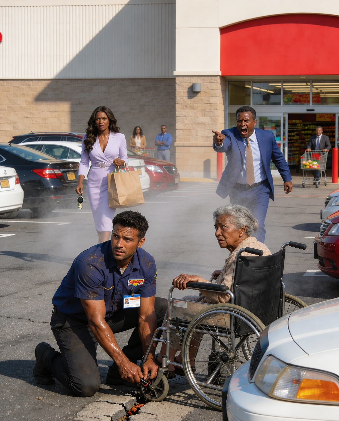 He was fired on the spot for being late a third time—because he stopped in the parking lot to free an elderly woman’s wheelchair from a cracked curb and push her into the shade. The manager called it “excuses,” but the woman’s granddaughter saw everything… and she wasn’t just anyone. She was Alyssa Hart, a millionaire trapped in an arranged engagement. One act of kindness cost him his job—then ignited a chain reaction: family pressure, surveillance, pride, a hospital reunion, and a public breakup that shattered two powerful families.