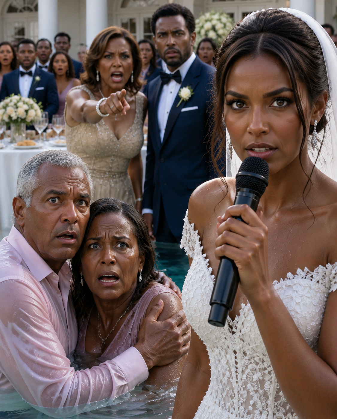 At my wedding, my mother-in-law looked my parents up and down with disgust and scoffed, “I’ve never seen such a miserable, poor family.” Then she pushed them into the pool, laughing, “Time to rinse off that smell of poverty.” My fiancé never lifted a finger. I walked to the microphone and said, “The wedding is canceled—and by tomorrow morning, your family empire will collapse.” Then I placed one phone call.