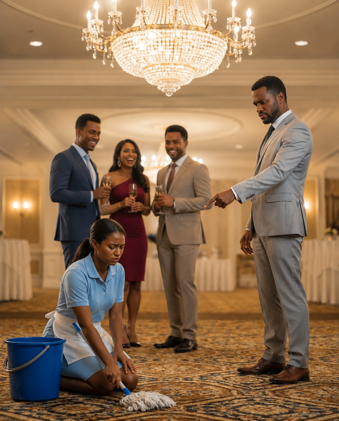 He Told His Wife Not to Come to His Promotion Party—So She Walked In Wearing a Janitor Uniform. He Smirked and introduced her as “just the cleaner” to impress his bosses. Then the Chairman arrived, stared at her… and bowed: “Good evening, Madam Chair.” The room went silent.