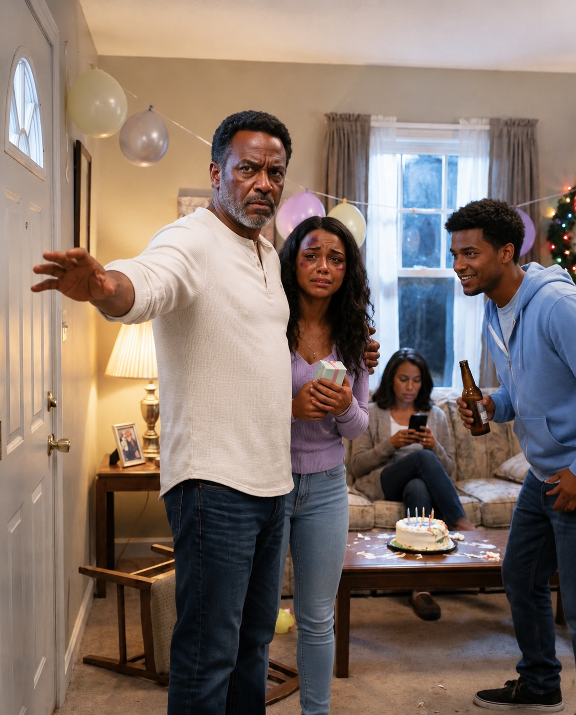 At her birthday party, her father calmly asked why her face was bruised. Her husband laughed and called it “discipline.” Ten minutes later, his mother fled the house, the music died, and the father walked his daughter out—quietly—like he’d been planning her rescue the whole drive over.