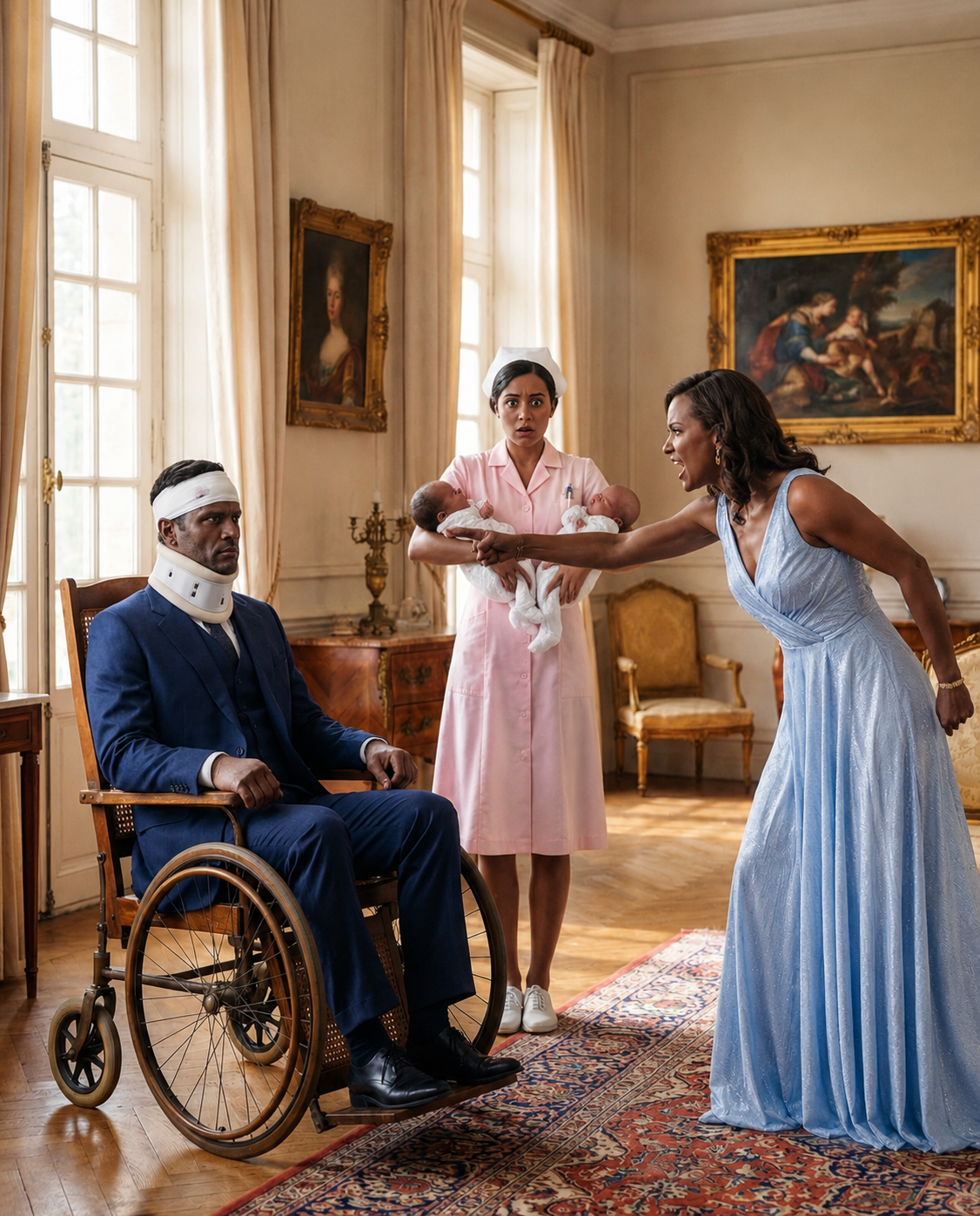 A storm night exposed the rot inside a billionaire’s marriage: his wife mocked him as a “paralyzed burden,” planned to steal his fortune, and tried to throw his sons into the rain. But when she attacked the only person who stood beside him—a loyal maid—he rose from the wheelchair, revealed he’d been faking it, and turned their betrayal into handcuffs.
