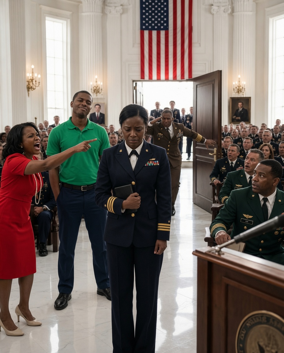 My mother practically worshiped my dropout brother while ordering me to bury my own medals. In front of two hundred officers, she mocked me, laughing, ‘You? A hero? You’re just a pathetic desk jockey!’ I stood there, feeling completely worthless and abandoned. But the mocking stopped the exact second a battle-scarred SEAL slammed the doors open and roared, ‘AS-01 on deck? SALUTE!