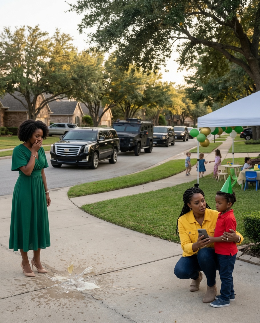 At my son’s 7th birthday party, only two kids showed up. My sister-in-law smirked and whispered, ‘Maybe if you had raised him better, he’d have friends.’ I felt a knot in my throat. Then a caravan of luxury cars pulled into the driveway. The person who stepped out made her drop her glass in sh0ck.”