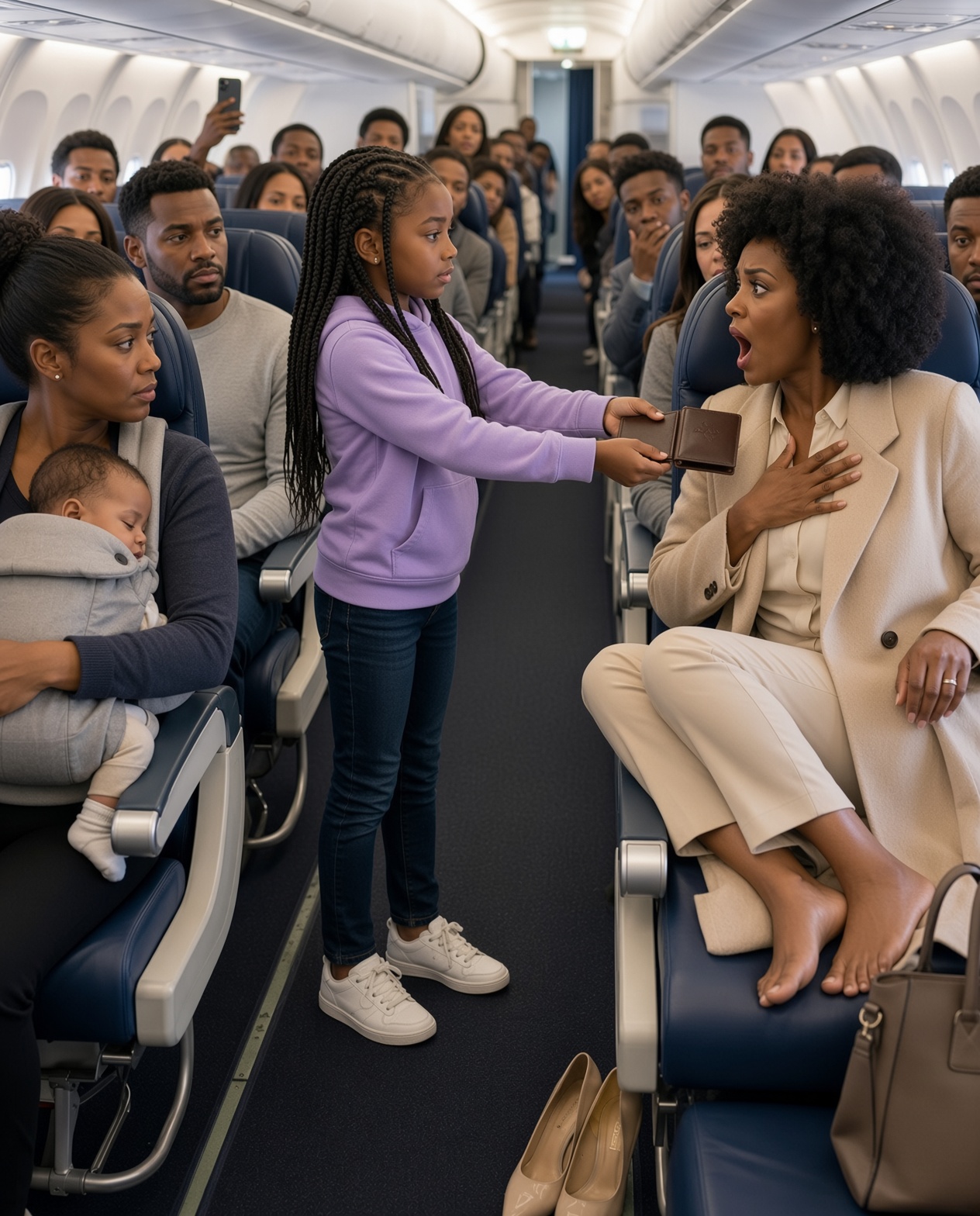 A stranger stole the airplane seat I’d paid extra to reserve and laughed when I asked her to move. I almost called a flight attendant—but my 10-year-old daughter squeezed my hand and whispered, “Don’t.” Ten minutes after takeoff, she stood up, said one sentence, and the entire cabin fell into a silence so complete you could hear people stop breathing.