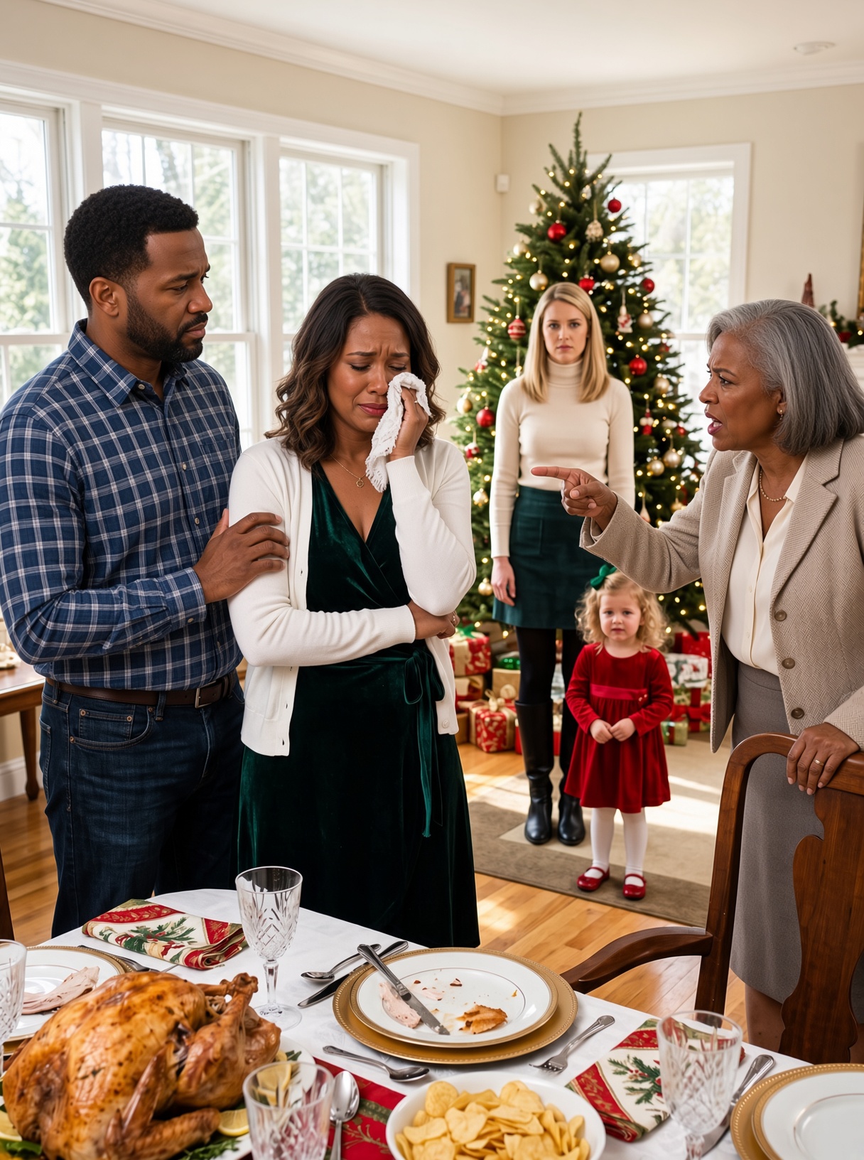 At Christmas dinner, my mother-in-law sla:pp:ed me three times, called me “trash,” and pointed at my three-year-old daughter. “Take her and get out of my house!” My husband didn’t shout or argue. Ethan simply lifted our daughter into his arms, took my hand, and said, “We’re done here.” Two hours later, his father called, and one sentence completely destroyed the Christmas my mother-in-law thought she controlled.