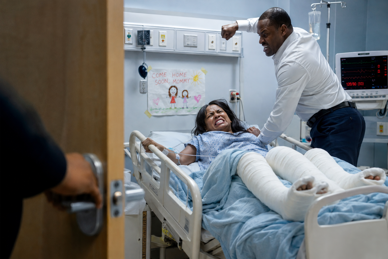 "My Husband Called Me a Burden While I Lay in a Hospital Bed With Both Legs in Casts — Then He Raised His Fist a Second Time and the Door Handle Started to Turn"