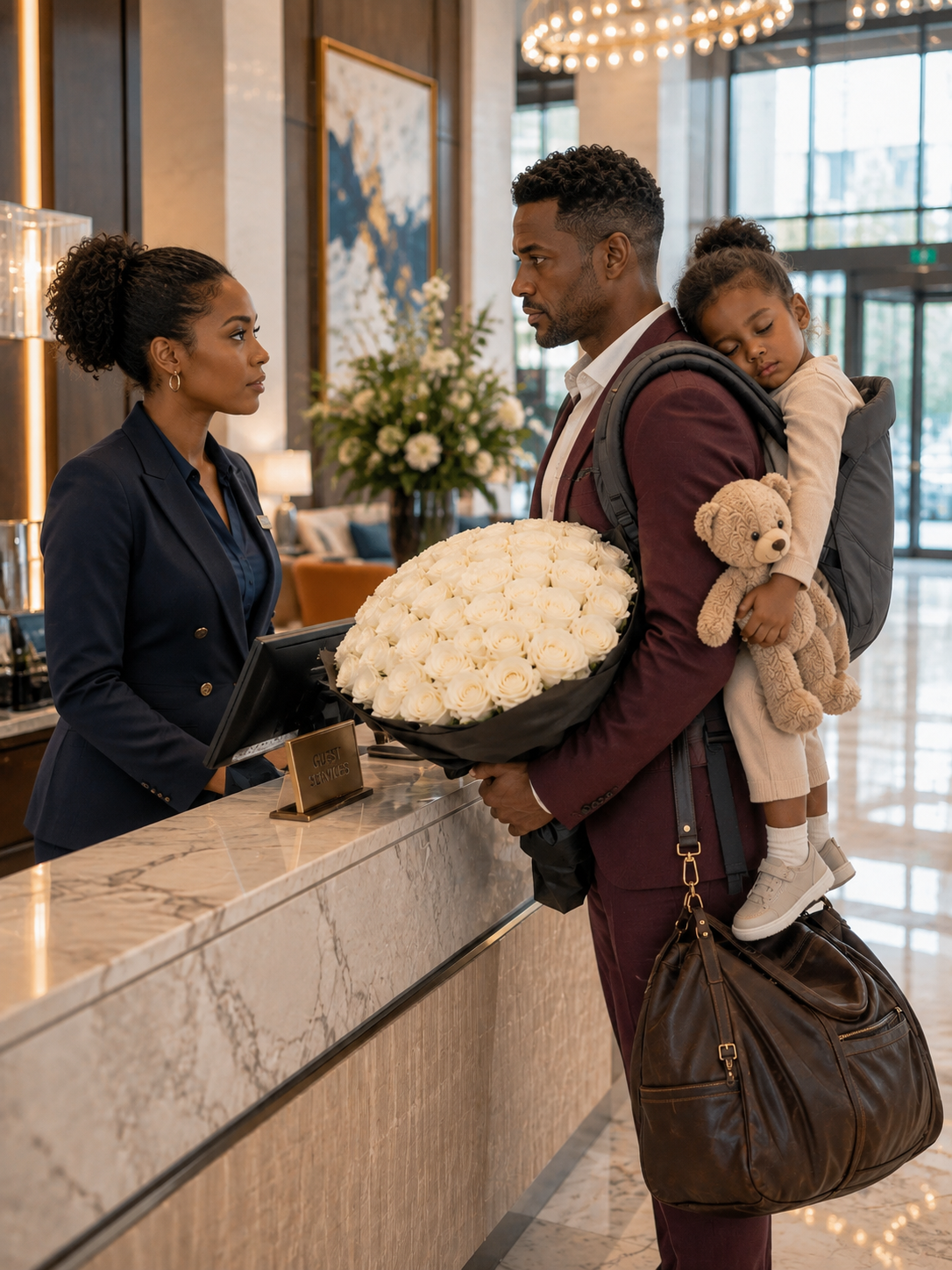 A widowed father was turned away at his own hotel with his sleeping daughter in his arms… but by the time the staff realized who he truly was, it was already too late.