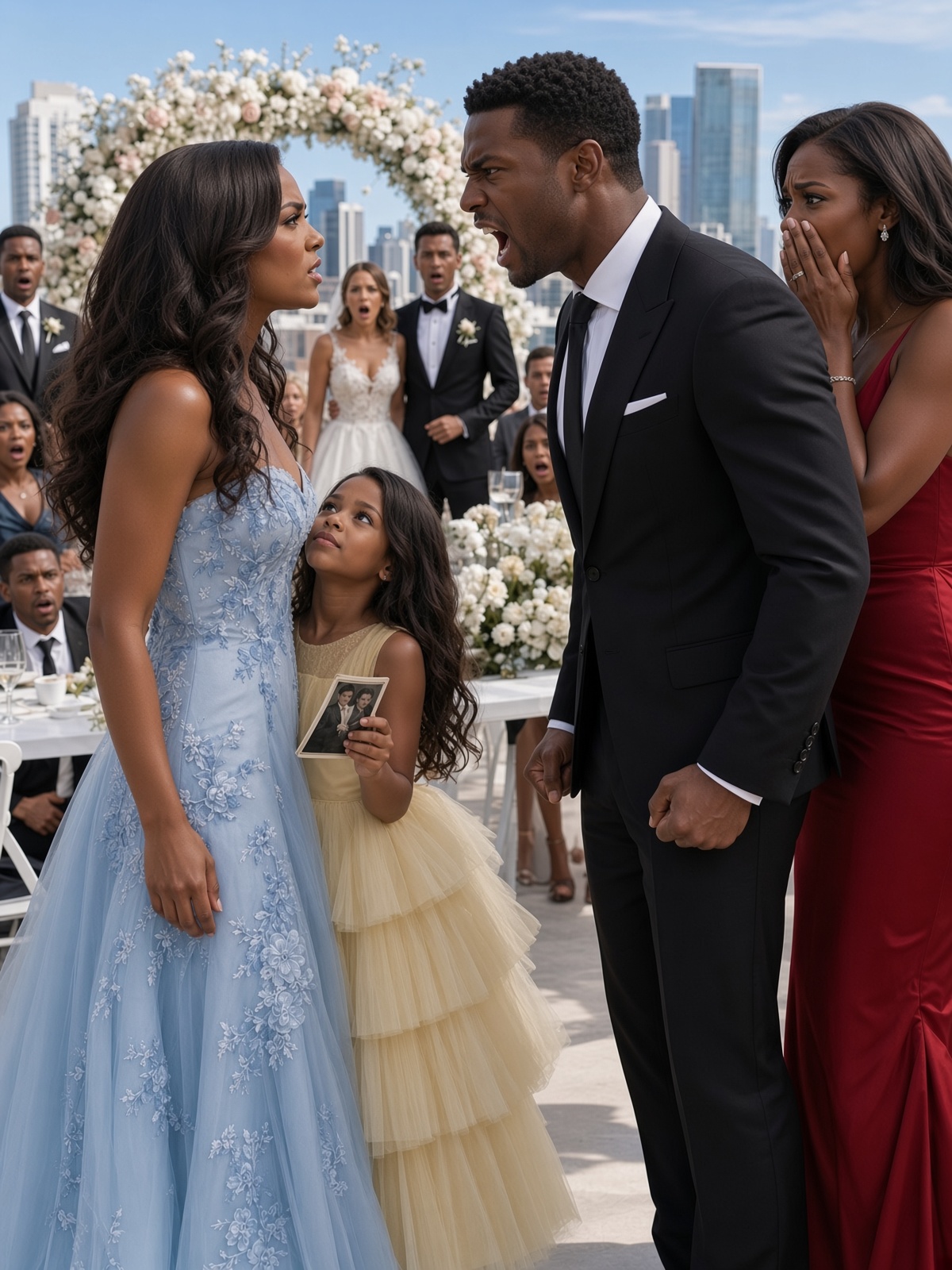 Five years after our divorce, I faced my ex-husband again at a wedding. He mocked me while his new partner stood beside him smiling, clearly enjoying my discomfort. I refused to react—until a little girl suddenly ran toward me and shouted, “Mommy!” In that instant, his partner’s smile vanished and her face turned pale with fear.