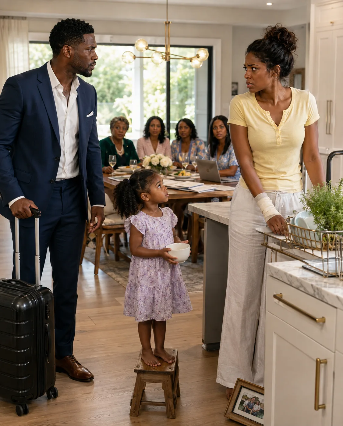 I Came Home From a Business Trip Two Days Early and Found My 5-Year-Old Daughter Washing Dishes for My Mother’s 20 Guests While My Wife Stood Beside Her With Bandaged Hands. Then I Heard My Mother Say, “If They Don’t Finish, They Don’t Eat.” I Was About to End the Party When My Daughter Whispered, “Daddy… Check Grandma’s Locked Drawer.”