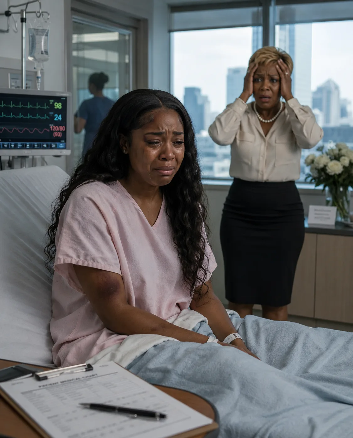 My mother-in-law beat me until I could barely stand, then drove me to the hospital like she was doing me a favor. From his fishing trip, my husband coldly texted after his mother sent me to the hospital.