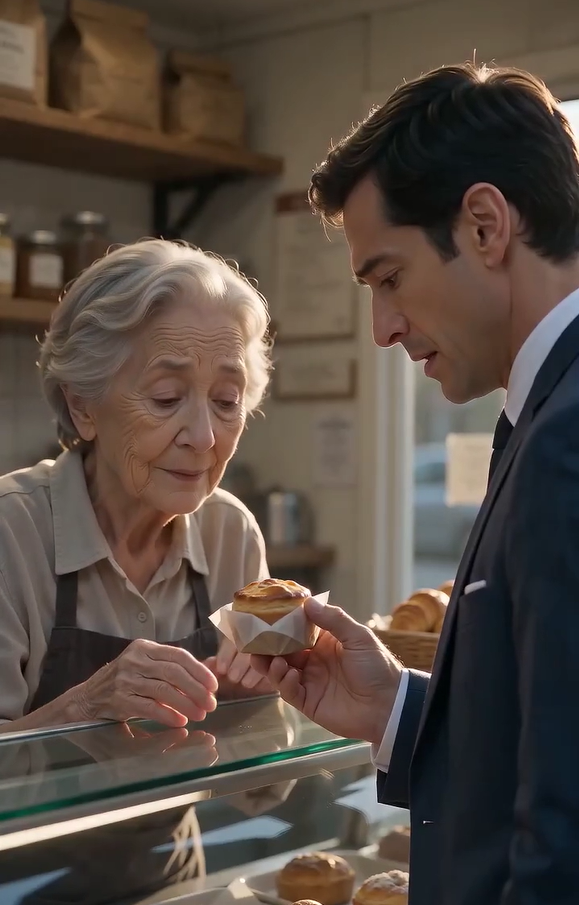 A man in a navy suit stopped in his tracks outside a small street stall, unable to walk away as an old woman quietly blocked his path.  With trembling hands, she placed a warm pastry into his palm — as if she had been waiting for this exact moment her entire life.