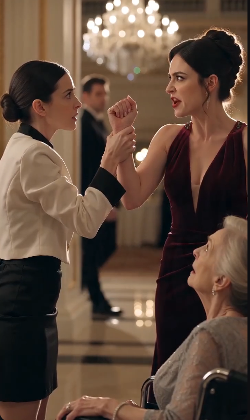 The slap never landed. The scream cut off halfway.  Crash! A crystal glass shattered against the marble floor. The sharp crack echoed beneath the grand ballroom's towering chandeliers, echoing like a sudden gunshot.