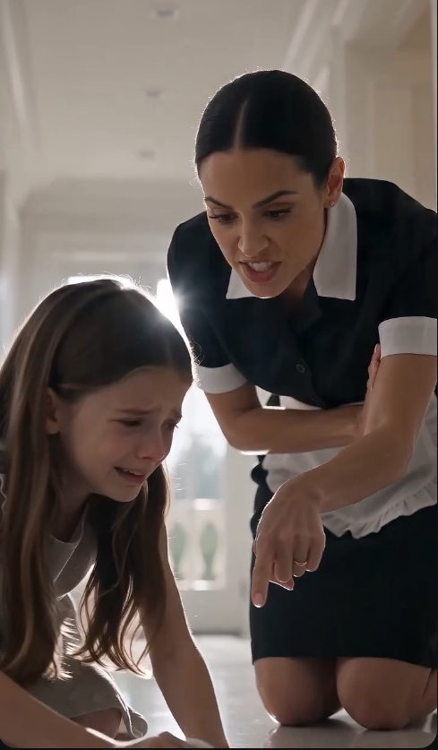 A young girl living in a luxurious mansion is cruelly forced to clean the floors by the housekeeper, struggling to hold back her tears throughout the process.