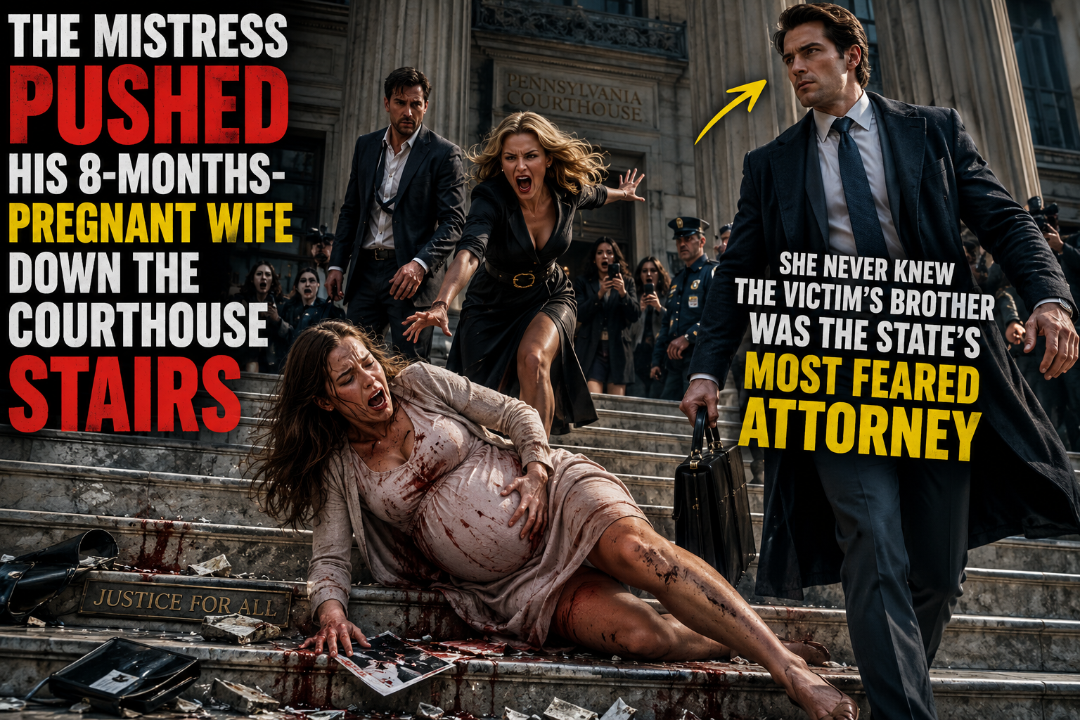 🔥 The Mistress Pushed His 8-Months-Pregnant Wife Down the Courthouse Stairs—She Never Knew the Victim's Brother Was the State's Most Feared Attorney