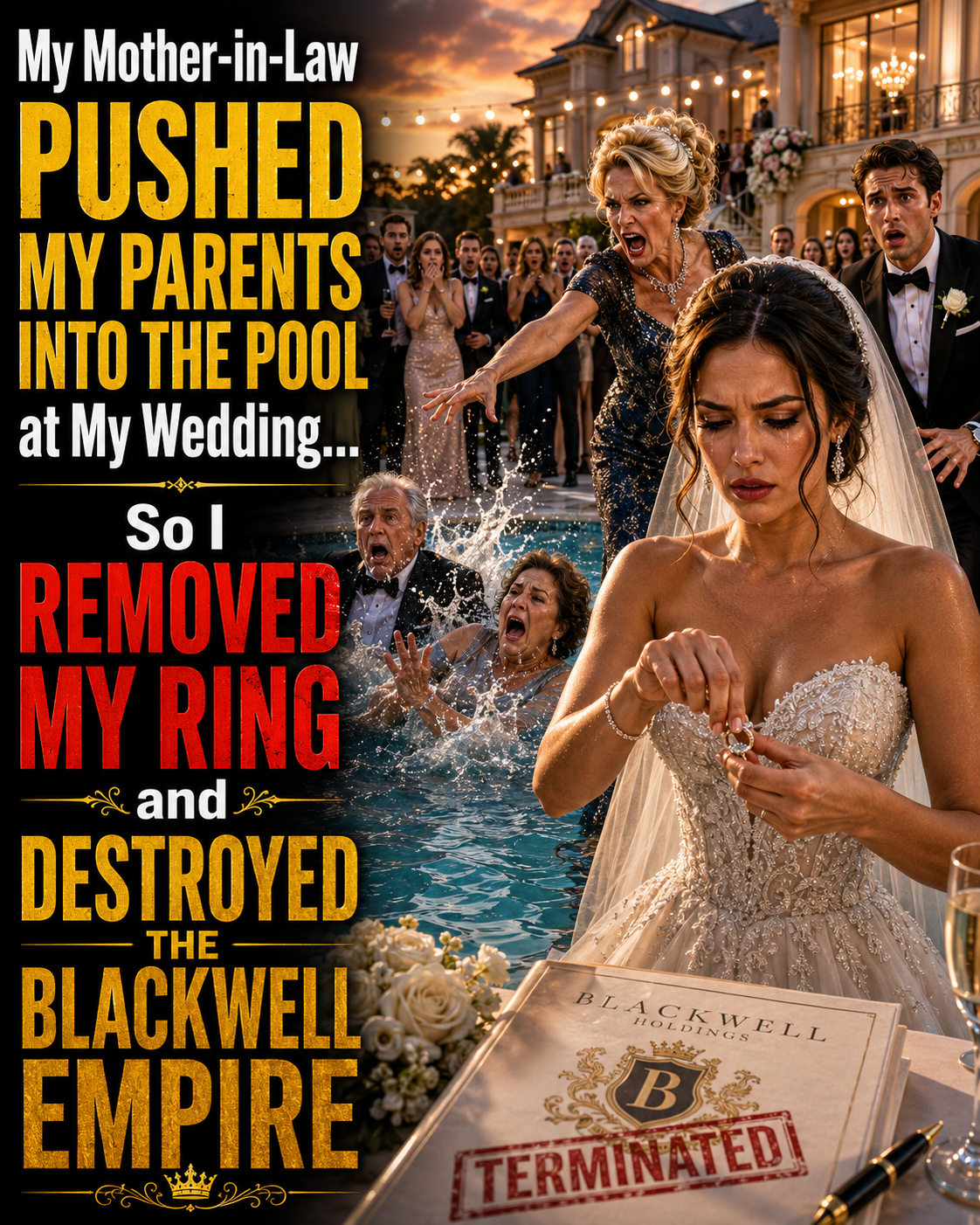 🔥 My Mother-in-Law Pushed My Parents Into the Pool at My Wedding… So I Removed My Ring and Destroyed the Blackwell Empire