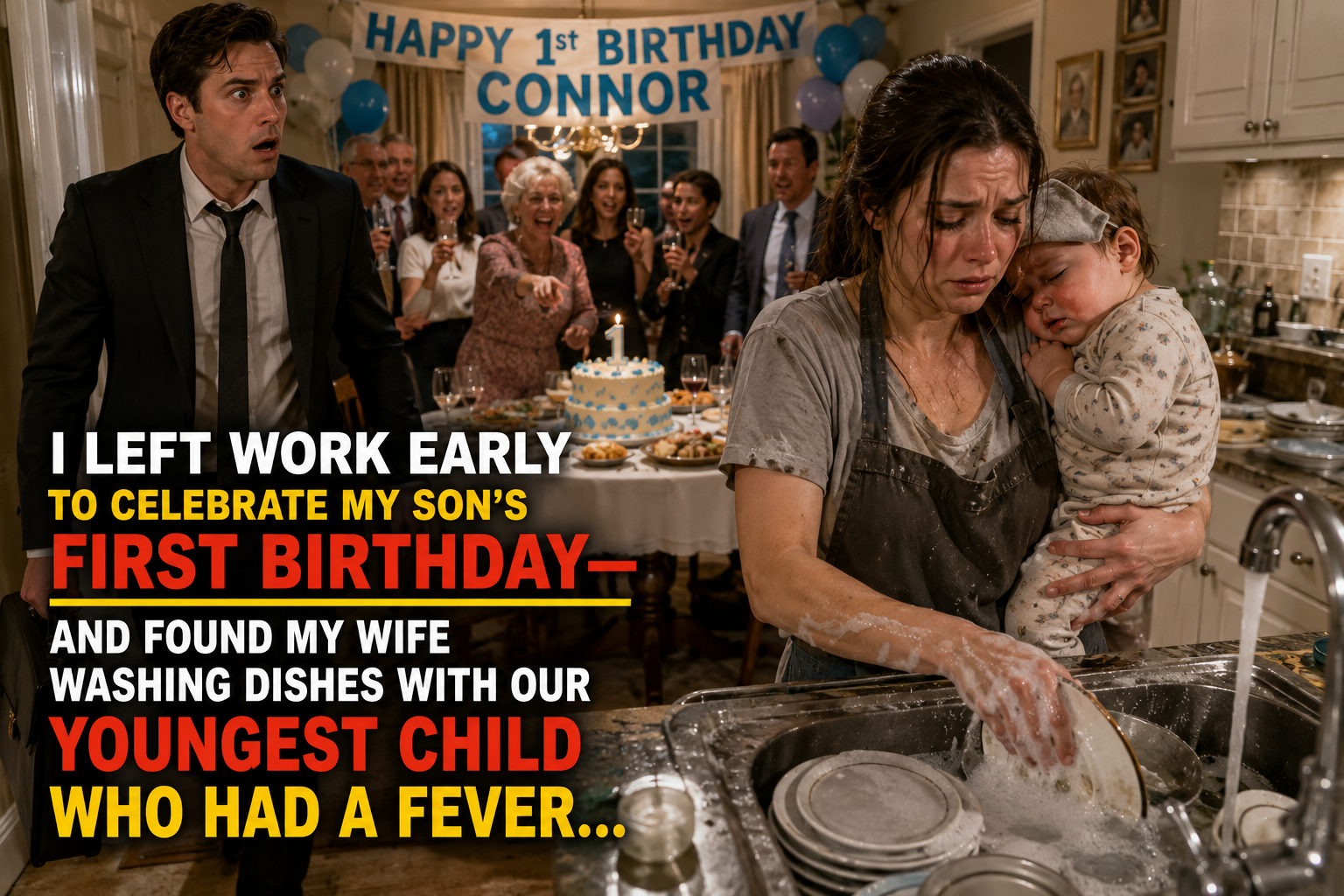 🔥 I left work early to celebrate my son's first birthday—and found my wife washing dishes with our youngest child who had a fever…