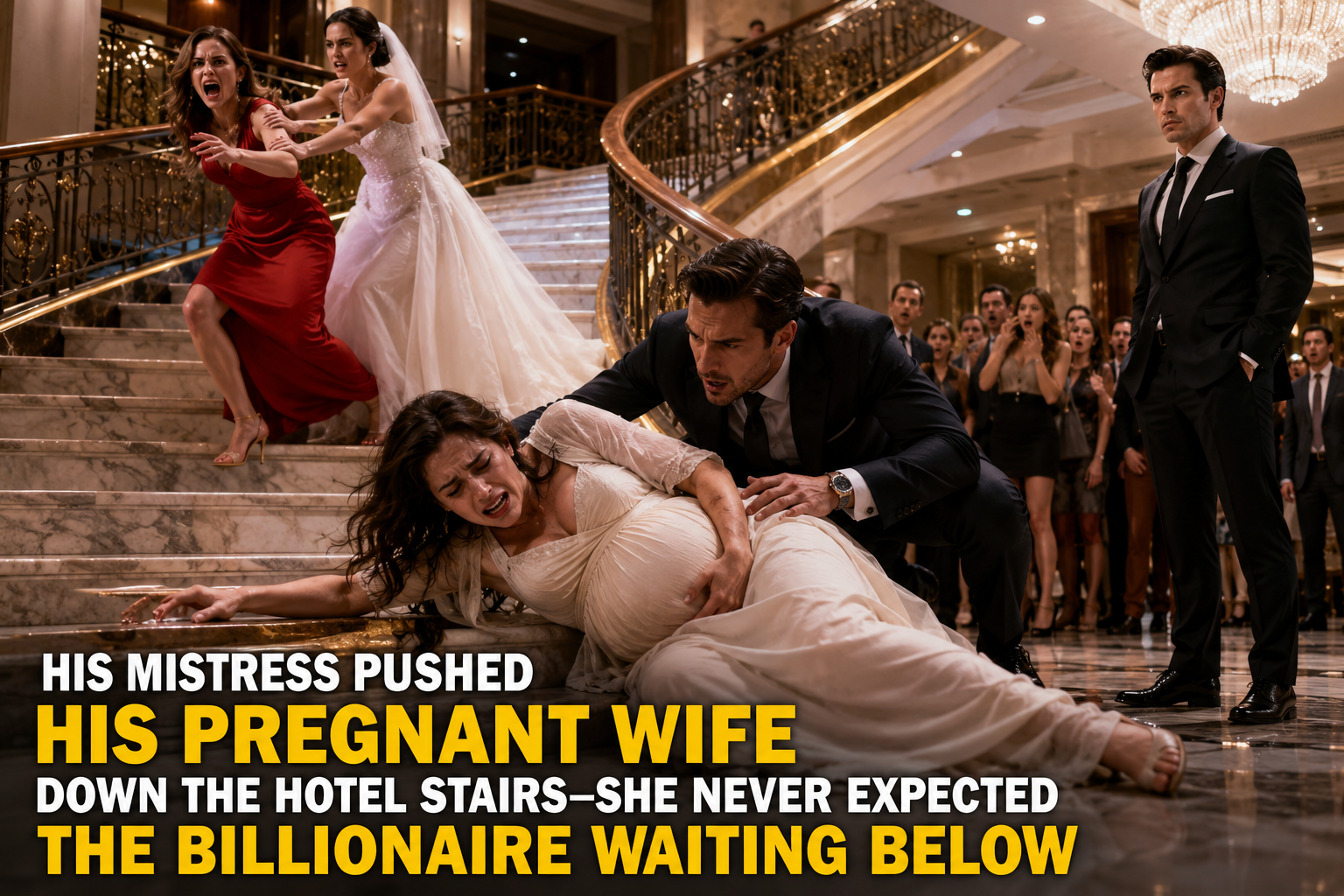 His Mistress Pushed His Pregnant Wife Down the Hotel Stairs—She Never Expected the Billionaire Waiting Below
