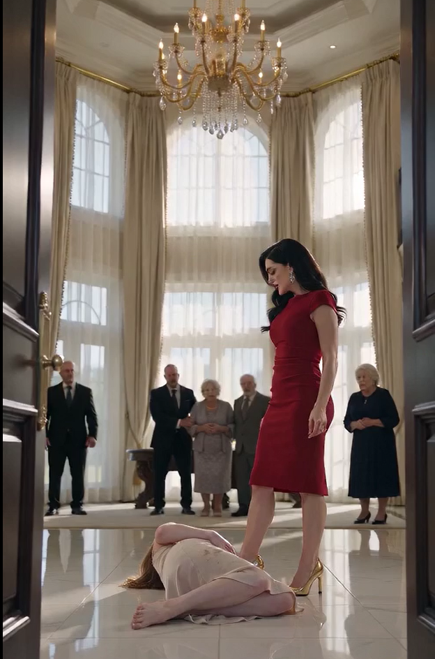 She was eight months pregnant. Barefoot. Crying. Lying helpless on the cold marble floor of a million-dollar mansion. But the woman in the red dress didn't stop.