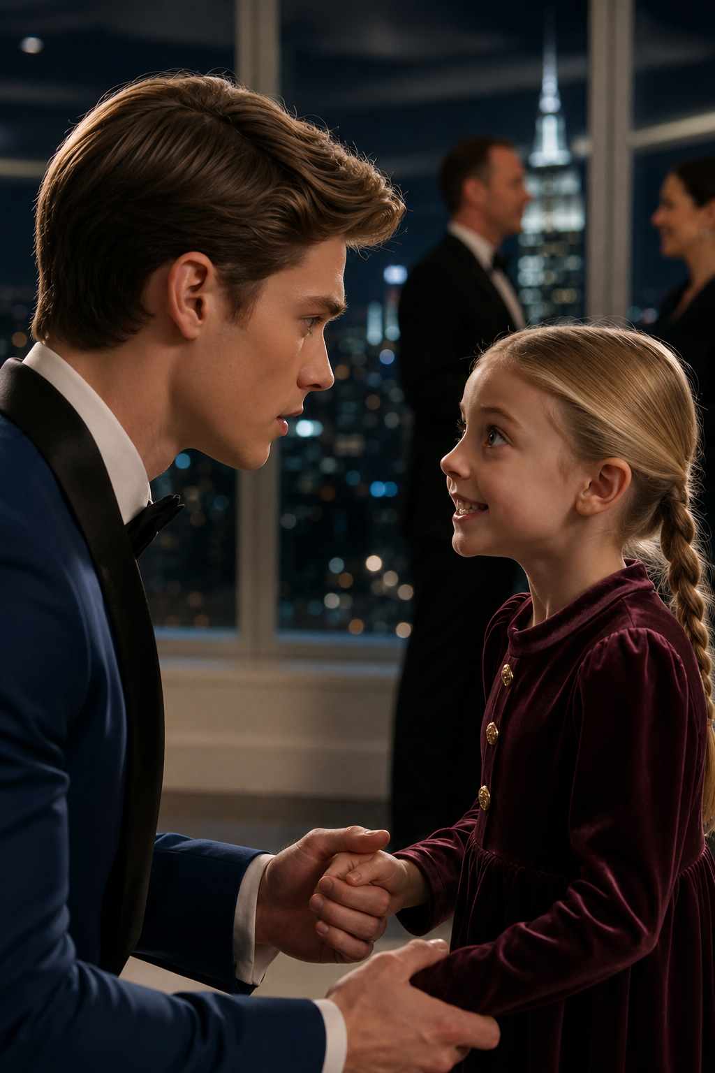 The maid’ss three-year-old daughter walked straight through a billionaire’s engagement party, grabbed his hand in front of thirty powerful guests, and whispered four words that changed everything.**
