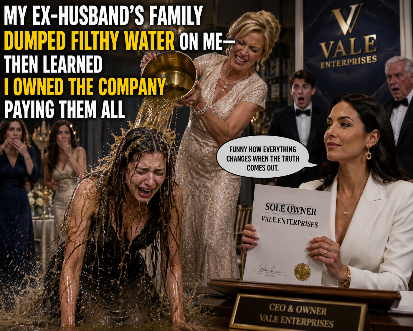 MY EX-HUSBAND’S FAMILY DUMPED FILTHY WATER ON ME—THEN LEARNED I OWNED THE COMPANY PAYING THEM ALL