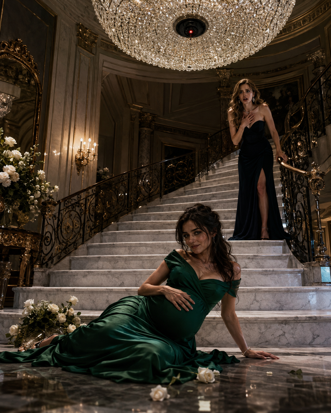 MY HUSBAND’S SISTER SHOVED ME DOWN THE MARBLE STAIRS WHILE I WAS PREGNANT—THEN SHE SAW ME SMILE AND REALIZED THE CHANDELIER HAD RECORDED EVERYTHING