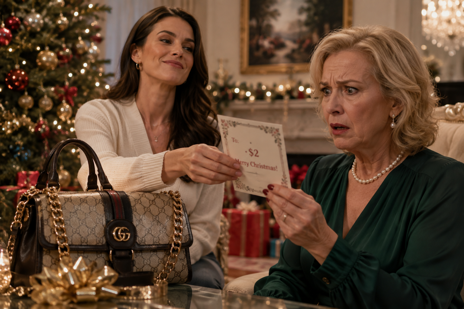 The $4,500 Gucci bag was still glowing beneath the Christmas lights when my daughter-in-law handed me a two-dollar greeting card.