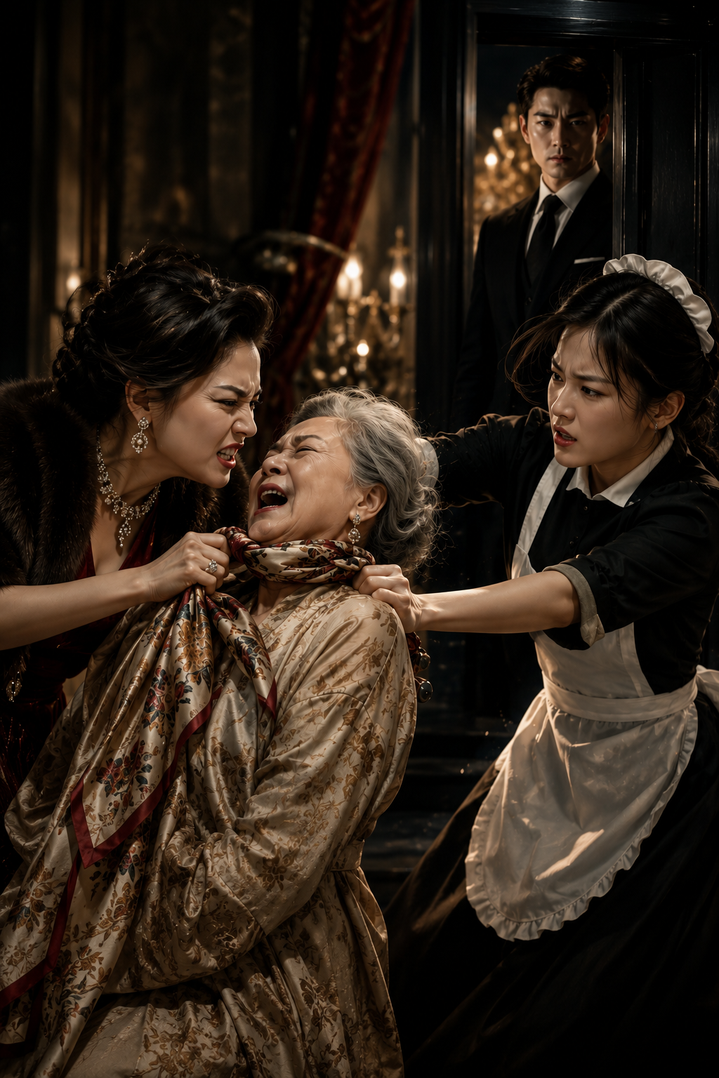 The arrogant woman violently grabbed the old lady's silk scarf, choking her. The fearless maid forcefully shoved the attacker away... and the trap snapped shut. 🧣💥