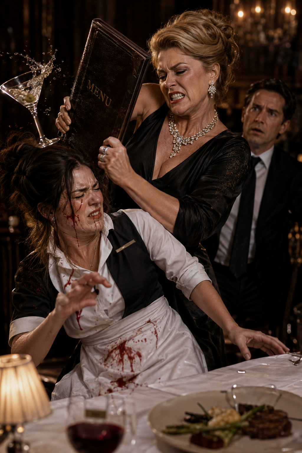 "She swatted the Martini out of his hand and got viciously beaten with a heavy leather menu. The devil just revealed herself. 🍸🛑