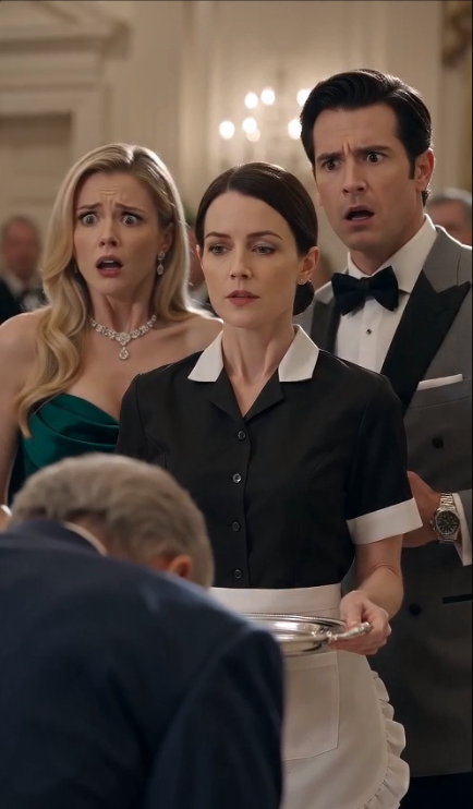 "The arrogant guest humiliated the clumsy waitress. The senior executive suddenly bowed to her."