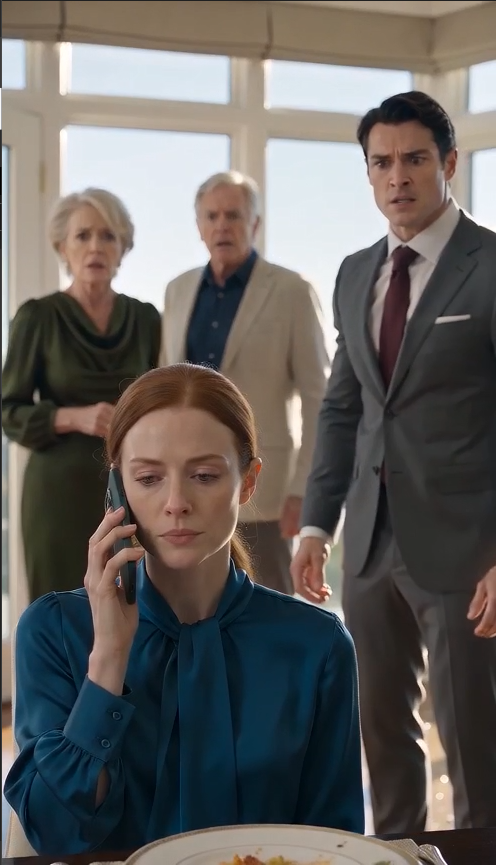 A white plate flies past Lena’s head before anyone can stop Victor. Food scatters across the formal dining salon. Something breaks off-screen.