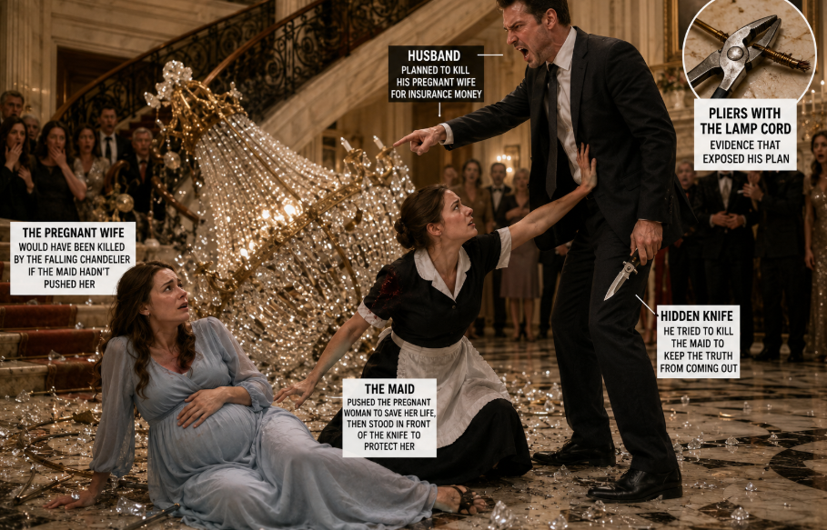 THE MAID PUSHED THE PREGNANT WOMAN DOWN THE STAIRS... THEN A FALLING CHANDELIER EXPOSED HER HUSBAND'S DEADLY PLOT