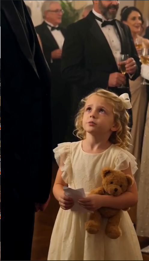 "The little girl moved through the crowd,  her small footsteps sounding like thunder in the silent room,  as she navigated the sea of silk and shadows.