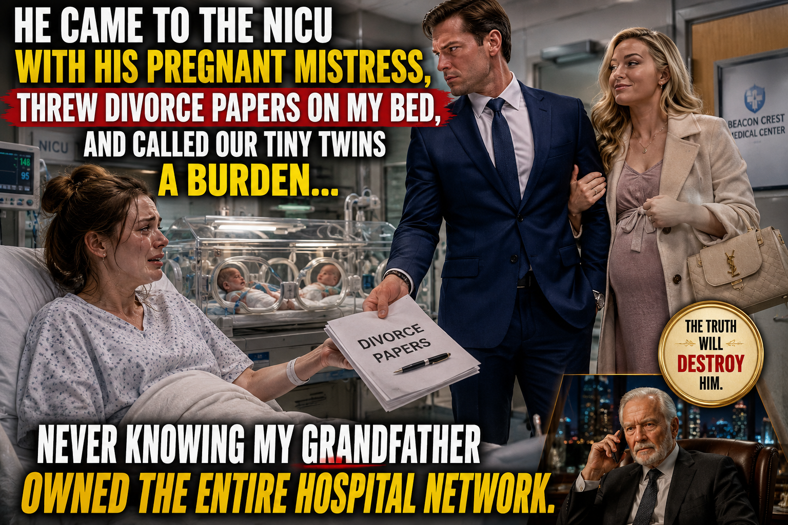# My Husband Walked Into the NICU With His Pregnant Mistress, Threw Divorce Papers Onto My Bed, and Called Our Tiny Twins a Burden—Never Knowing My Grandfather Owned the Entire Hospital Network