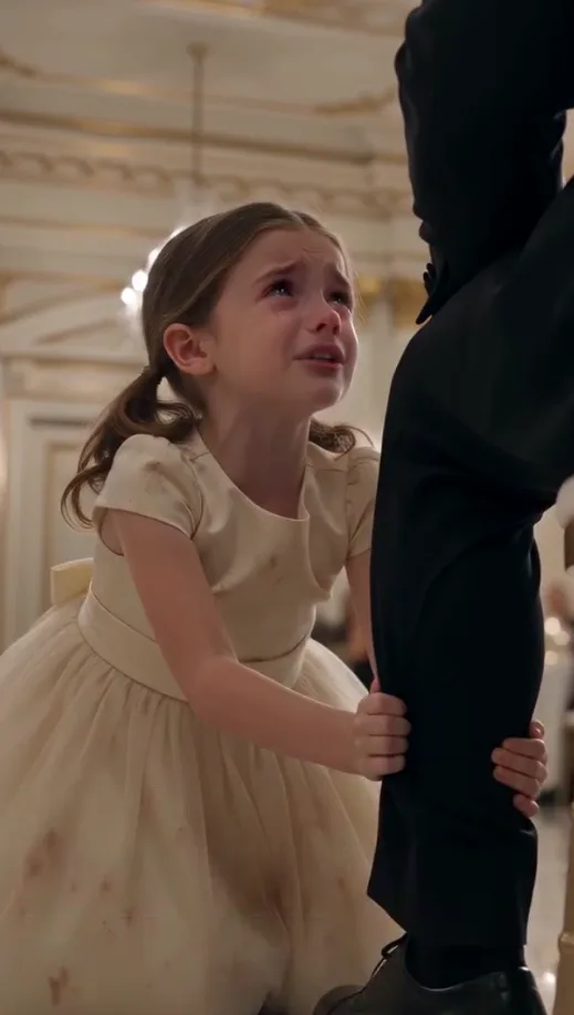 Beside the wedding table, Marcella violently strikes Vivia across the face. Vivia’s head jerks sideways, she loses her balance, and falls hard onto the marble floor while holding the old dress against her chest.