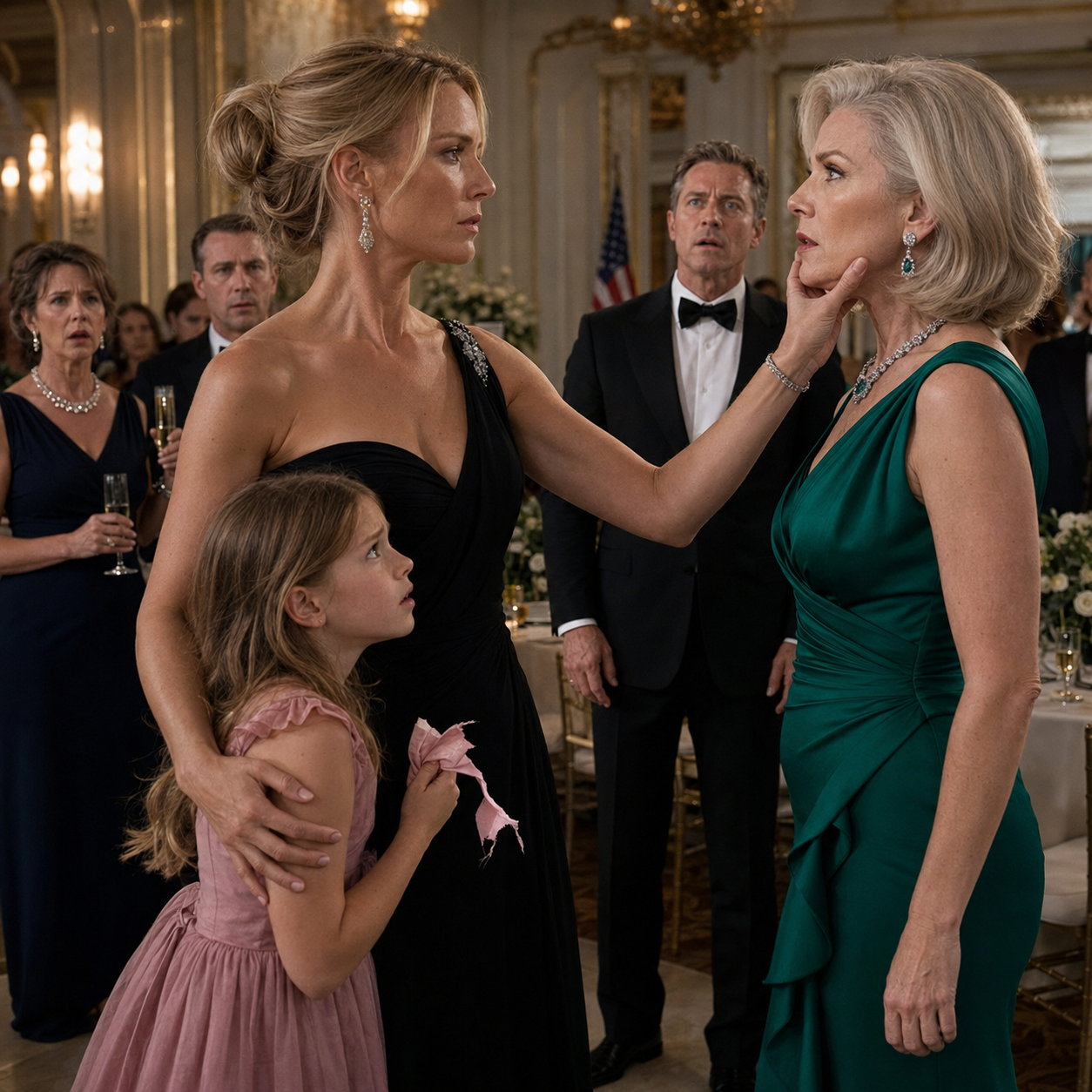 The richest people in the city watched a powerful woman seize a little girl by the arm and call her ‘street trash’ in the middle of a glittering charity gala. No one defended the child. No one even lowered a champagne glass—until her mother crossed the ballroom, placed a slim blue folder beside the woman’s gold chair, and quietly asked security to lock every door.