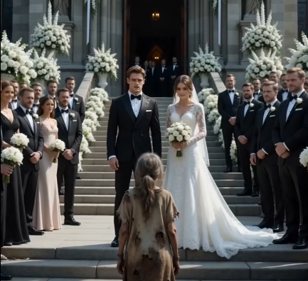 The bride and groom had just stepped onto the church stairs when a ragged woman moved in front of them.
