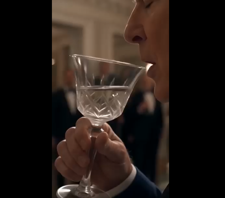 A glamorous billionaire gala is interrupted when a terrified waitress suddenly rips a crystal glass from the estate owner's