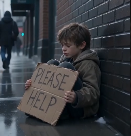 "I'm so hungry." The little boy sat alone beside a red brick wall.